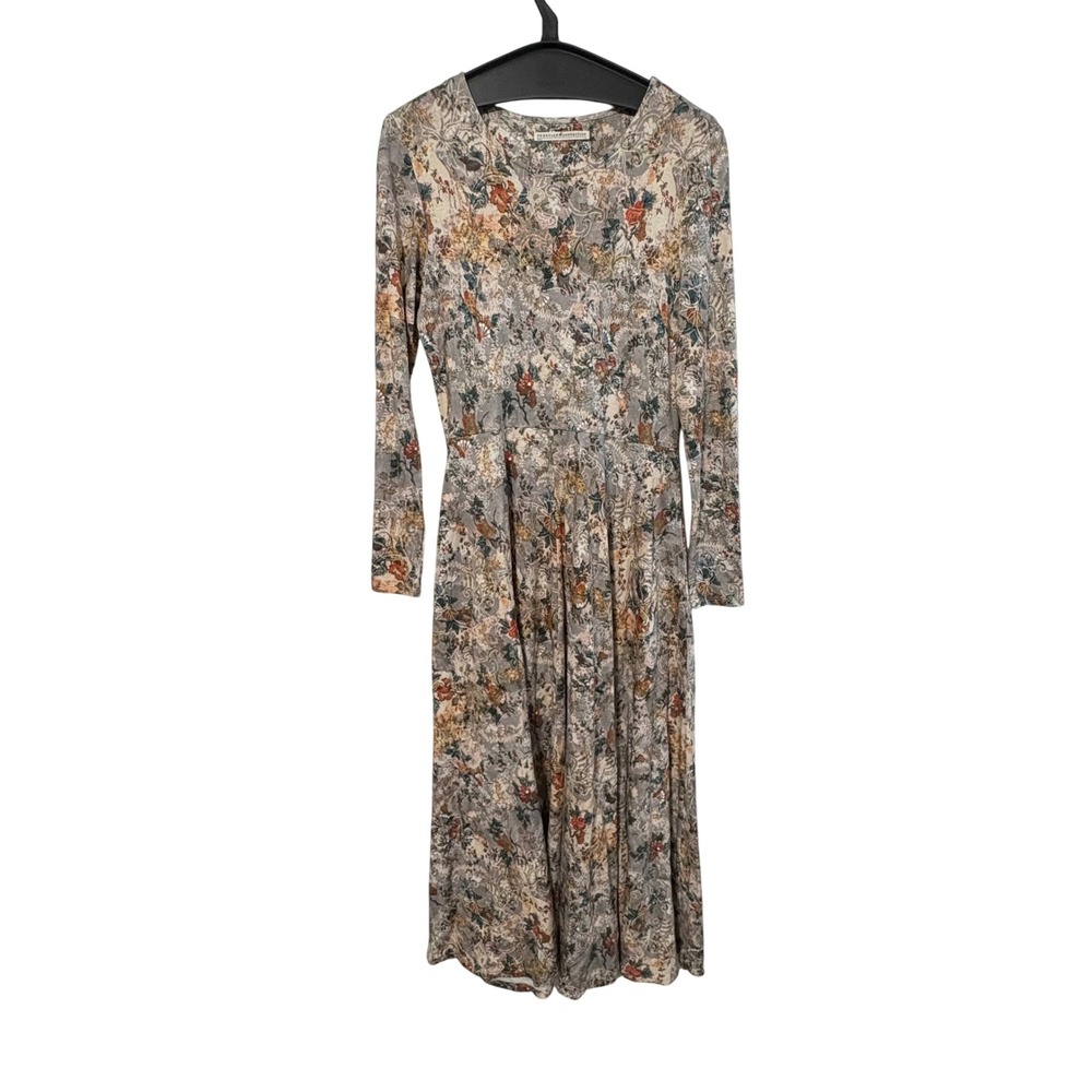 Peruvian Connection Size Medium Neutral Floral Long Sleeve Maxi Dress Pockets